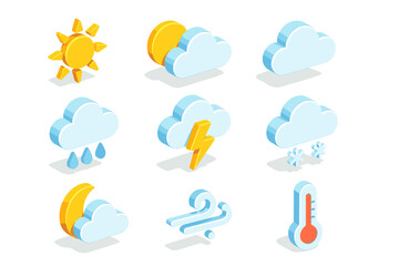 Collection Of Weather Icons In Isometric 3D Style Featuring Sun Clouds Rain Lightning Snow Moon Wind And Thermometer Against Black Background