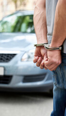 Arrest scene, man in casual attire with hands restrained in metal handcuffs beside a blurred blue car on a busy city street under daylight, candid documentary style depiction of confinement