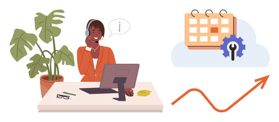 Customer service representative at desk using headset, calendar scheduling tool, upward trend graph. Ideal for communication, customer support, planning, time management, business growth, consulting