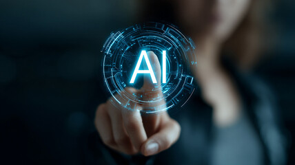 a woman's hand pointing at the AI icon,GENERATIVE AI