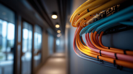 Close Up of Color Coded Cable Channels Running Along a Corridor Wall No People Visible Showing Order Inside Hidden City Backstage Spaces minimalist industrial aesthetic