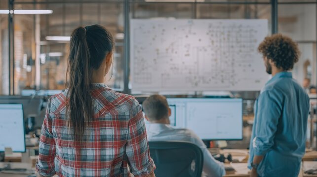 Medium shot of office workers analyzing space utilization charts to optimize desk and meeting room layouts for improved workflow and collaboration.
