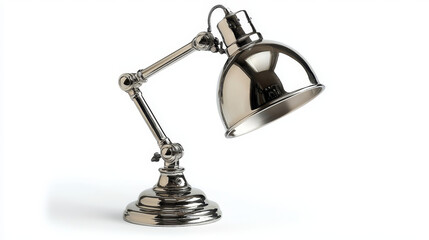 A polished silver articulated desk lamp with a dome-shaped shade on a weighted base.