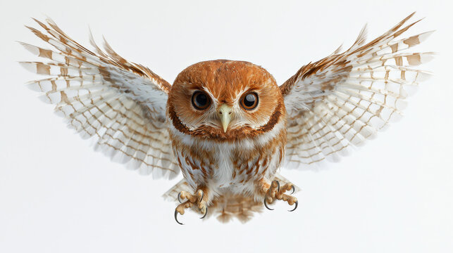 A small wide-eyed owl with outstretched wings its delicate feathers patterned in warm brown and white frozen in mid-flight against a clean white background.