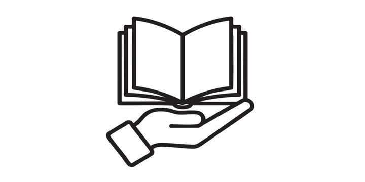 Magazine book in hand thin line icon, book festival concept. Vector graphics. Hand with journal textbook, promotion sign on white background, style icon mobile or web design