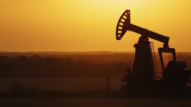 Silhouette of an oil pumpjack working against a misty sunrise or sunset. The pump moves up and down, symbolizing the process of oil extraction.