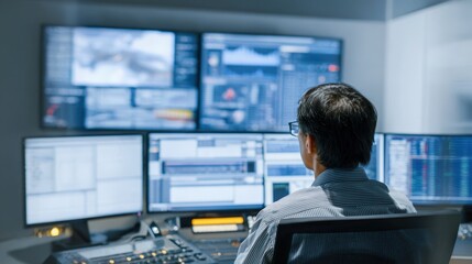 Tech specialist monitoring semiautomated data processing systems balancing human oversight with machine speed to optimize productivity.