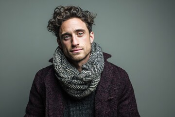 Handsome adult male model wearing stylish winter attire poses against a neutral background