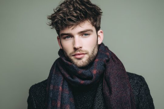 Handsome young man with stylish messy hair and beard wears warm winter attire - Powered by Adobe
