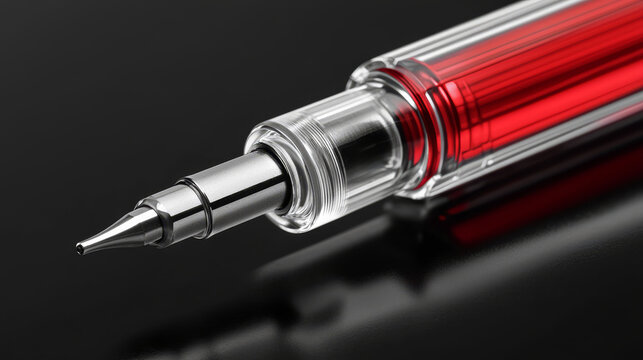 Detailed close-up of a sleek red mechanical pencil tip with a clear body.