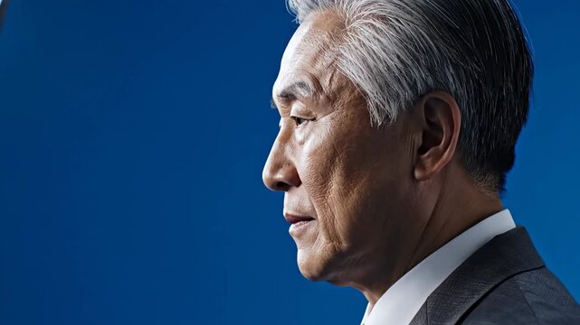 Mature man portrait profile intelligent expression professional attire blue background soft light