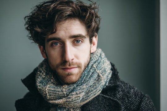 Young man with tousled hair and blue eyes wearing a thick knitted scarf and coat looks directly at the camera - Powered by Adobe