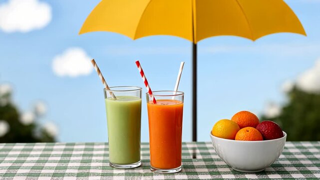 Refreshing summer drinks with colorful umbrella and fruit bowl on a sunny day
