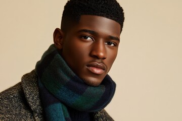 Handsome young man with dark skin models winter outerwear against a plain background