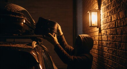 Person loading luggage into rooftop box at night near brick wall