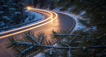 Curved snowy road with car light trails through pine forest at dusk