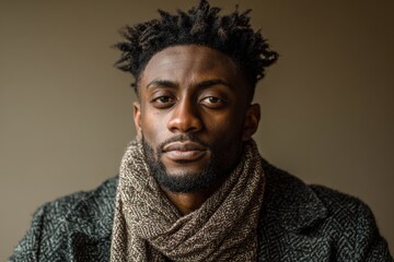 Portrait of a stylish young man with dreadlocks wearing a textured coat and scarf