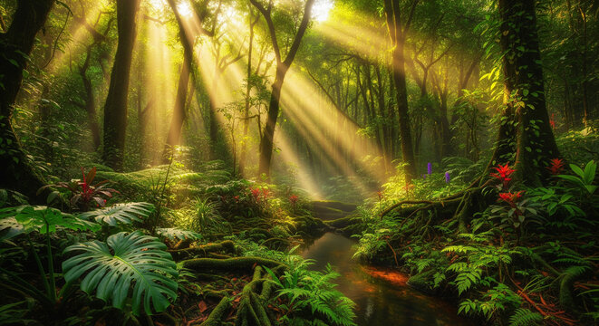 Dramatic Sun Rays Pierce the Canopy of a Lush Rainforest
A magical and enchanting view inside a dense tropical rainforest or jungle. Intense rays of sunlight pierce through the thick canopy