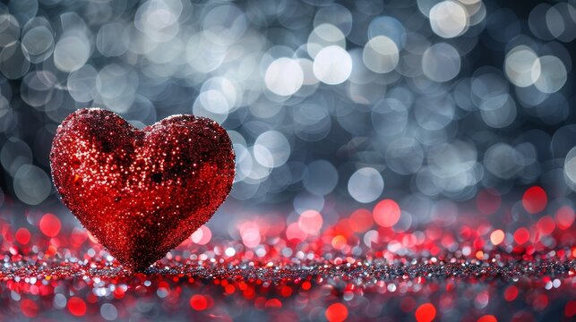 Romantic red sparkling heart on glittery festive surface with warm glow and soft focus background