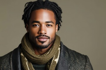 Handsome man with dreadlocks wearing a thick patterned scarf and warm outerwear