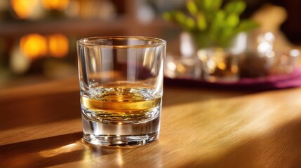 Close-Up Shot of a Whiskey Glass with Amber Liquid on a Wooden Table Surrounded by Blurred Warm Lights