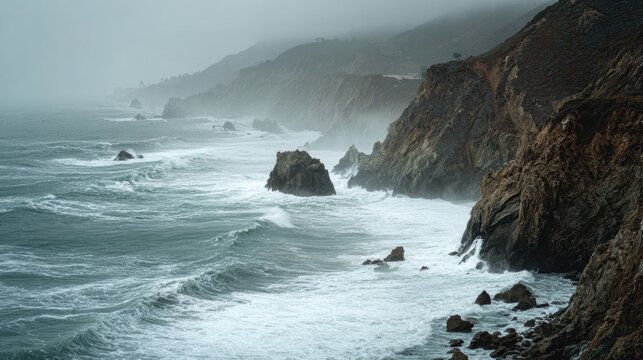 Dramatic rocky ocean coastline with crashing waves under foggy overcast weather