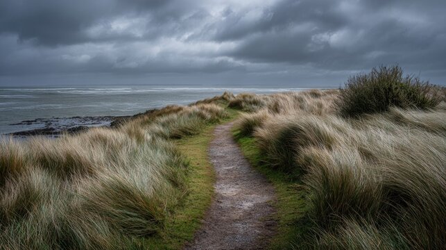 A narrow dirt path winds through tall coastal grasses under a moody sky with waves crashing in the distance.