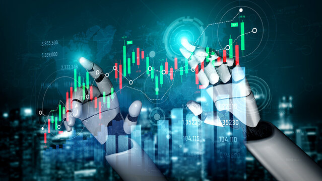 A robotic representation showcasing hands interacting with dynamic stock market data, emphasizing growth trends and technological advancement in finance. Scalp - Powered by Adobe