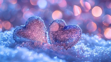 Obraz premium Dreamy winter valentine two glitter hearts amidst soft blue and pink snowy bokeh bliss