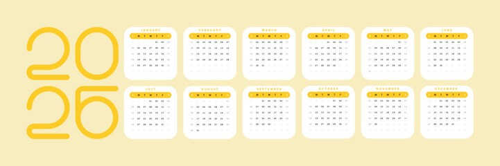 Clean Minimalist Calendar 2026 Yellow color
