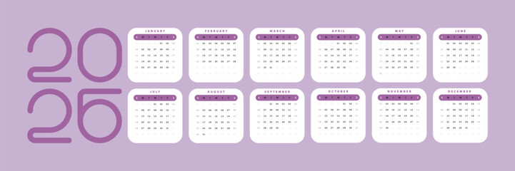Clean Minimalist Calendar 2026 Purple Color
