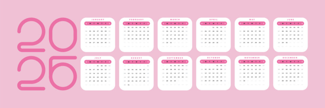 Clean Minimalist Calendar 2026 Pink color
