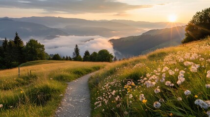 Scenic trail winds through a sunlit mountain meadow toward a misty valley at dawn