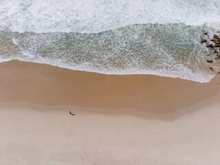 Aerial view of waves washing onto sandy beach