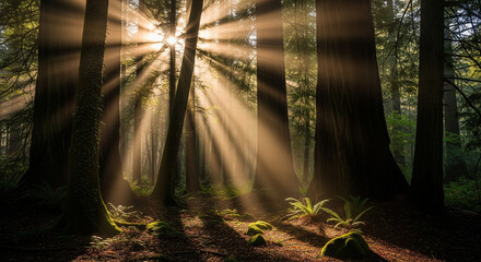 Dramatic Sun Rays Piercing Through Ancient Forest Canopy
A stunning, low-angle photograph capturing dramatic, powerful sunbeams (God rays or crepuscular rays) breaking through the canopy of a dense