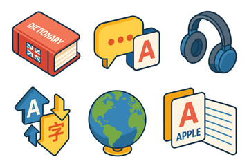 Educational Icons Representing Language Learning Resources With Colorful Illustrations