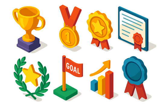Colorful Icon Set Featuring Trophies Medals Certificates and Goal Flag in Flat Design
