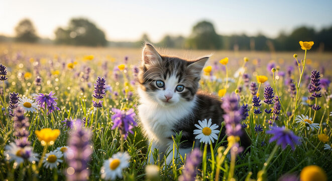 Adorable tabby kitten with blue eyes sitting in sunlit summer meadow.
A charming, small tabby and white kitten with piercing blue eyes sits attentively in a vibrant, sun-drenched summer wildflower
