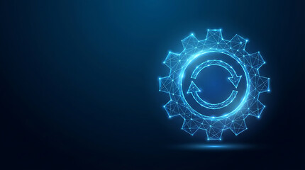 Digital gear wheel with recycle arrows on blue background