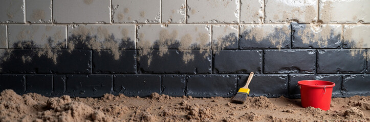 Concrete crack repair in progress on basement wall with sealant, showing cement wall, repair tool, and material. Concrete crack fix demands expertise in injection and renovation,