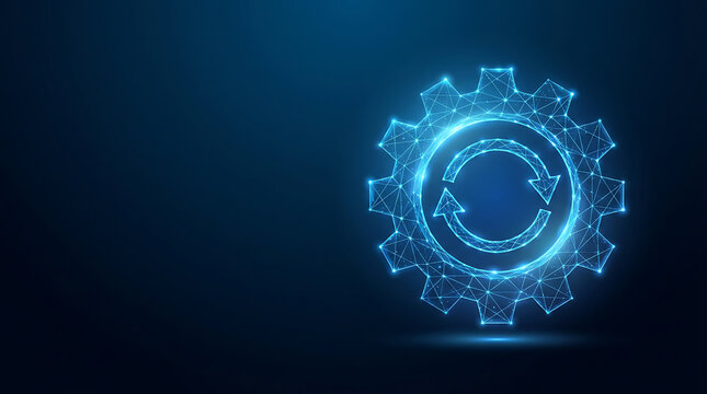 Digital gear wheel with recycle arrows on blue background