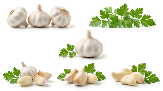 Fresh garlic bulbs and cloves with parsley sprigs isolated