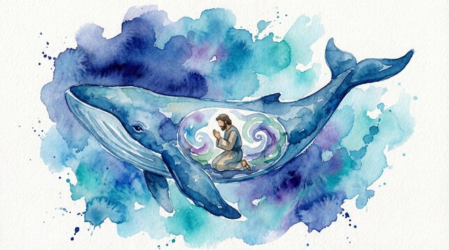 Prophet Jonah Praying Inside the Whale - Jonah 2 Biblical Watercolor Art