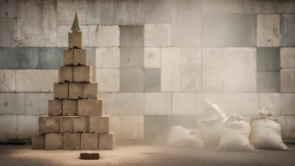Concrete blocks and burlap sacks against geometric tiled wall