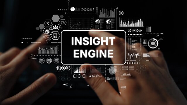 Hands Interacting with Digital Insight Engine and Data Visualization Graphics in Dark Environment. Asymptotic smart data analytic. - Powered by Adobe