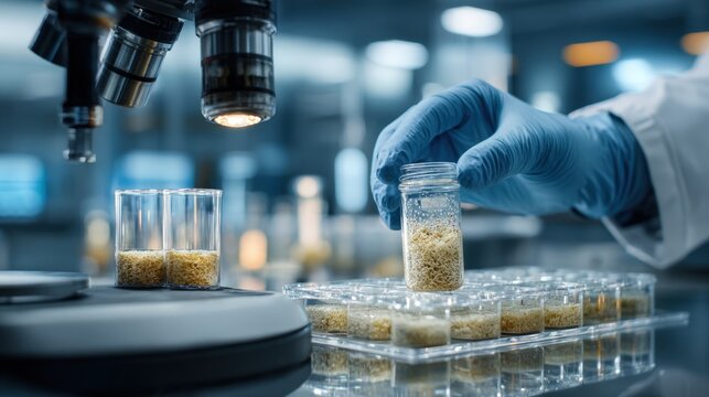 Medium shot of researcher analyzing biomass samples in a futuristic lab showcasing innovative methods to enhance material recovery through biological processes and renewable