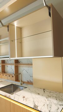 modern kitchen features a marble countertop with wooden accents and sleek appliances. Concept of luxury, contemporary design, and high-end culinary spaces.