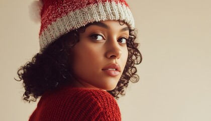 Attractive young woman with curly hair wears knitted winter headwear and sweater
