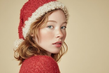 Young woman with fair skin wears a textured red and cream knit winter hat