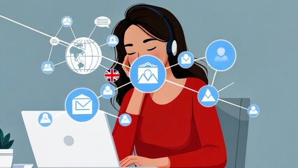 Woman engaging in virtual communication with global network of digital icons - Powered by Adobe
